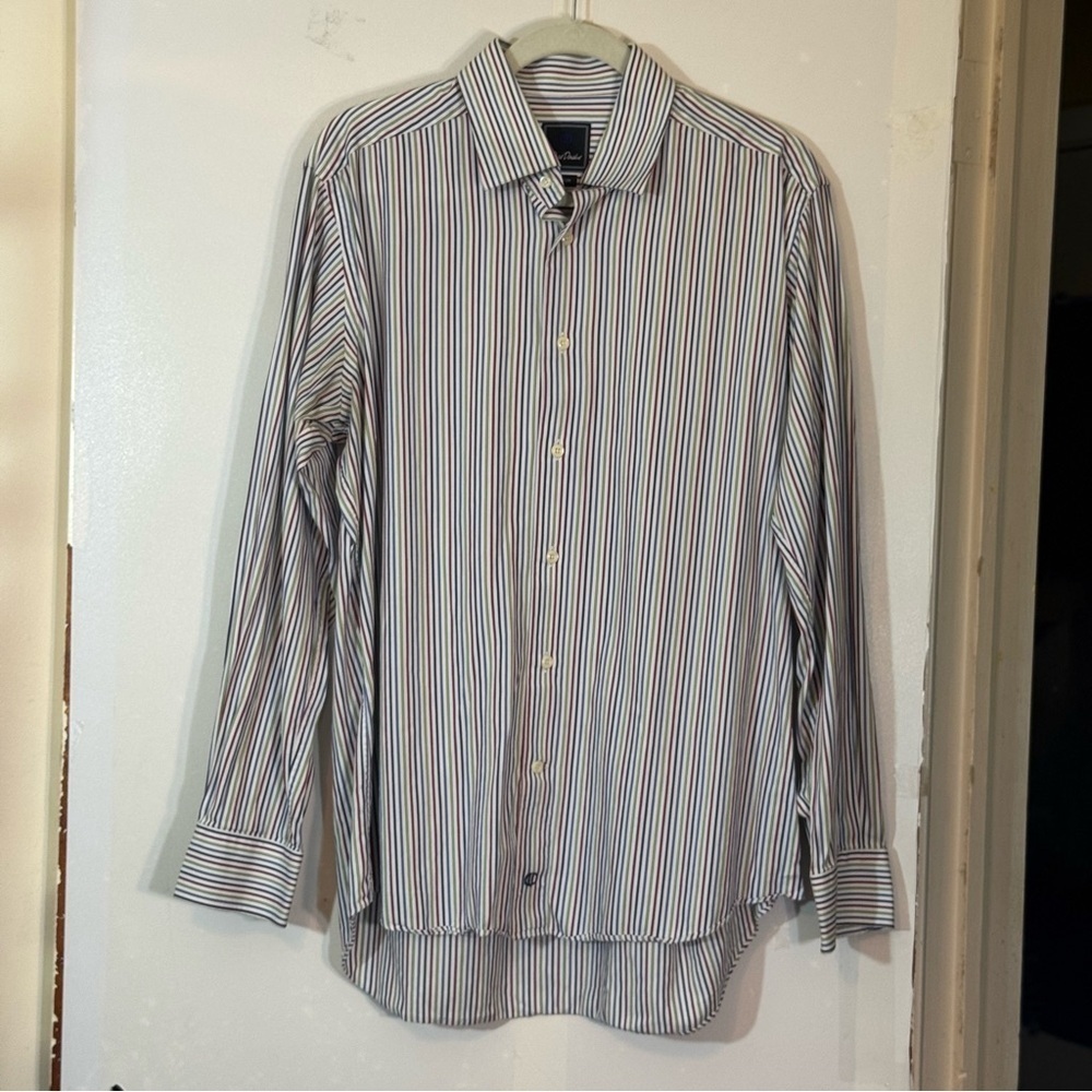 David Donahue Trim Fit Dress Shirt Men's 17 34/35 Long Sleeve White Striped Slim